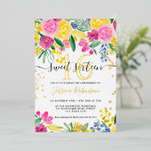ピンクの黄色の明るいフローラ金ゴールドスクリプトSweet 16 箔招待状 (立ち正面)