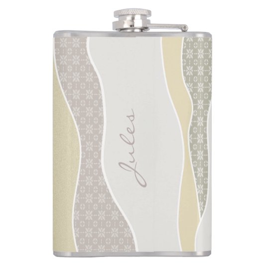 ピンクの黄色の緑の曲線ストライプ抽象芸術波名 フラスク (裏面)