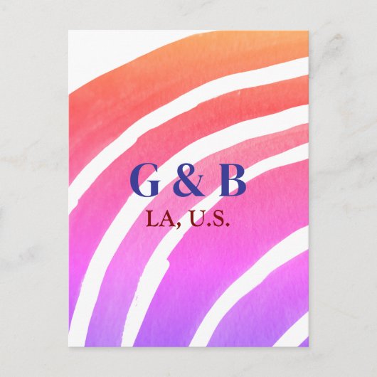 ピンクの黄色の虹を追加カップル名の場所の都市結婚 ポストカード (正面)