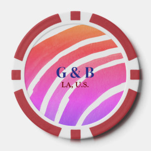 ピンクの黄色の虹を追加カップル名の場所の都市結婚 ポーカーチップ