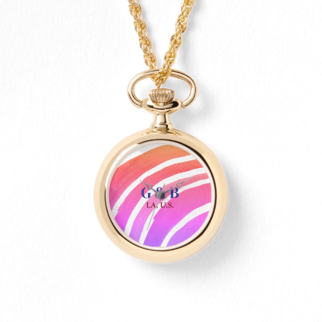 ピンクの黄色の虹を追加カップル名の場所の都市結婚 腕時計 (正面)