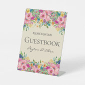 ピンクの黄色の野結婚花のサイン私たちのゲストブック 台座サイン (正面)