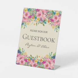 ピンクの黄色の野結婚花のサイン私たちのゲストブック 台座サイン