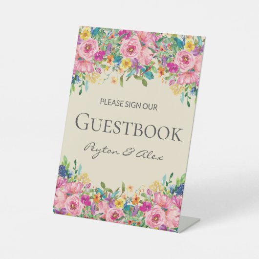 ピンクの黄色の野結婚花のサイン私たちのゲストブック 台座サイン (正面)