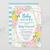 ピンクの黄色の青い花フレーム赤ちゃんシャワー 招待状 (正面/裏面)