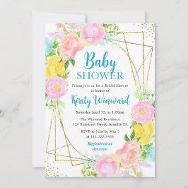 ピンクの黄色の青い花フレーム赤ちゃんシャワー 招待状