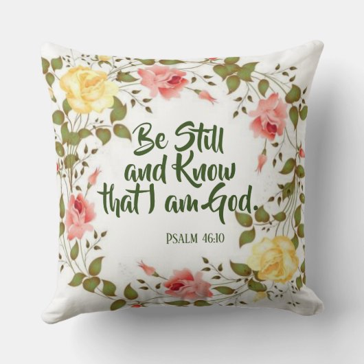 ピンクの黄色バラの花の聖なる書物、経典の引用文 クッション (裏面)