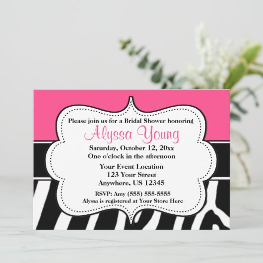 ピンクの黒いシマウマのプリントの招待状 招待状 (スタンド正面)