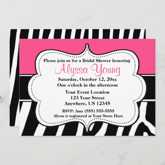 ピンクの黒いシマウマのプリントの招待状 招待状 (正面/裏面)