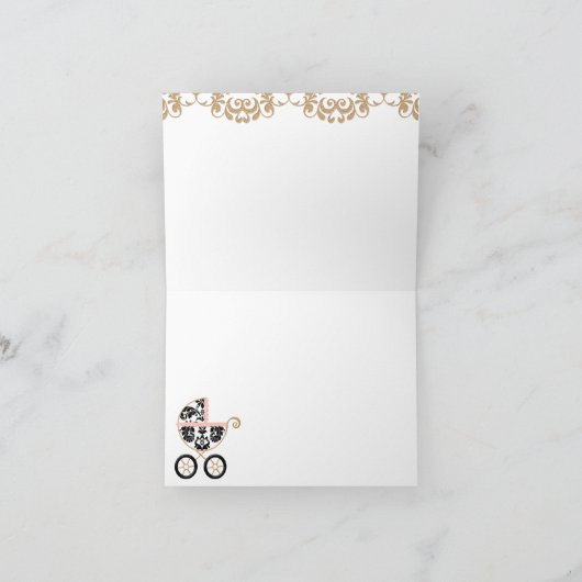 ピンクの黒いダマスク織の乳母車のシャワーは感謝していしています サンキューカード (内部)