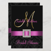 ピンクの黒いダマスク織の金ゴールドのイニシャルのブライダルシャワー 招待状 (正面/裏面)