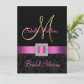 ピンクの黒いダマスク織の金ゴールドのイニシャルのブライダルシャワー 招待状 (スタンド正面)