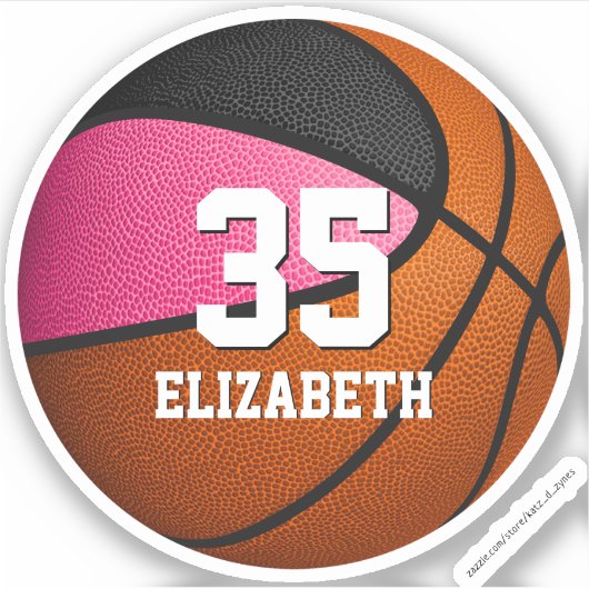 ピンクの黒いチームの色の女の子バスケットボール シール (正面)