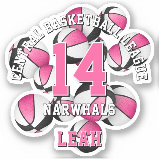 ピンクの黒いバスケットのクラスタ女の子チーム名 シール (正面)