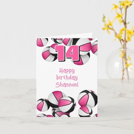 ピンクの黒いバスケットボール女の子スポーツ誕生日 カード (黄色い花)