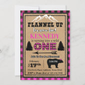 ピンクの黒いバッファローの格子縞の女の子の誕生日の招待状 招待状 (正面)