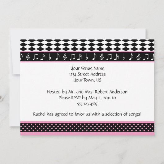 ピンクの黒いピアノテーマの菓子16の誕生日 招待状 (裏面)