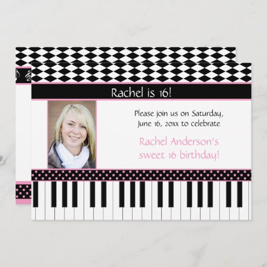 ピンクの黒いピアノテーマの菓子16の誕生日 招待状 (正面/裏面)