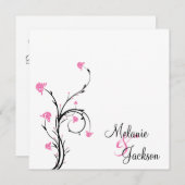 ピンクの黒いフローラが白いポスト結婚の 招待状 (正面/裏面)