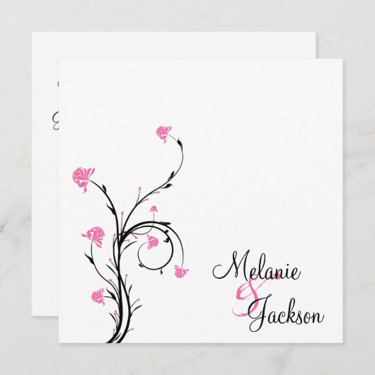 ピンクの黒いフローラが白いポスト結婚の 招待状 (正面/裏面)