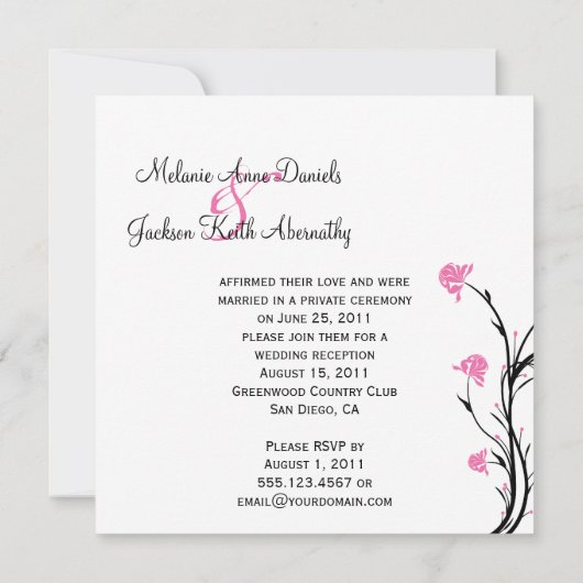 ピンクの黒いフローラが白いポスト結婚の 招待状 (裏面)
