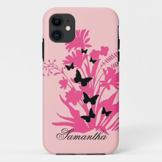 ピンクの黒いフローラ蝶のカスタマイズ可能なケース Case-Mate iPhoneケース (裏面)