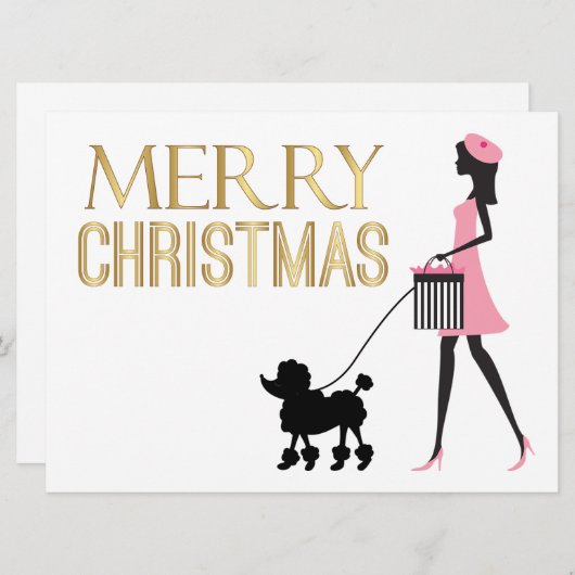 ピンクの黒いプードルメリークリスマスのヴィンテージレディ シーズンカード (正面/裏面)