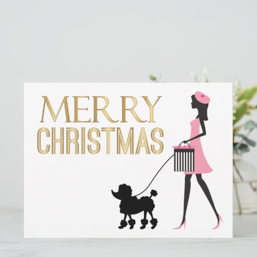 ピンクの黒いプードルメリークリスマスのヴィンテージレディ シーズンカード (スタンド正面)