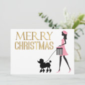 ピンクの黒いプードルメリークリスマスのヴィンテージレディ 招待状 (スタンド正面)