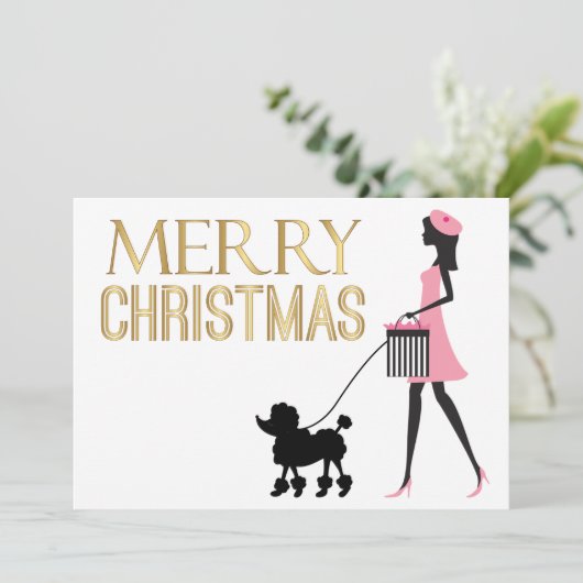 ピンクの黒いプードルメリークリスマスのヴィンテージレディ 招待状 (スタンド正面)
