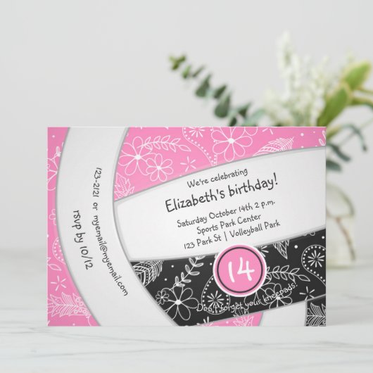ピンクの黒いボホフェザーバレーバースデー 招待状 (スタンド正面)