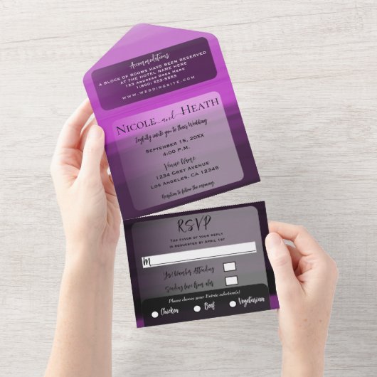 ピンクの黒いミニマル水モダン結婚色 オールインワン招待状 (貼ってはがせる)