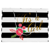 ピンクの黒い及び白のストライプによっては女の赤ちゃんが開花します ラージペーパーバッグ (裏面)