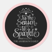 ピンクの黒い家族の名前シーズンスパークルクリスマス ラウンドシール (正面)