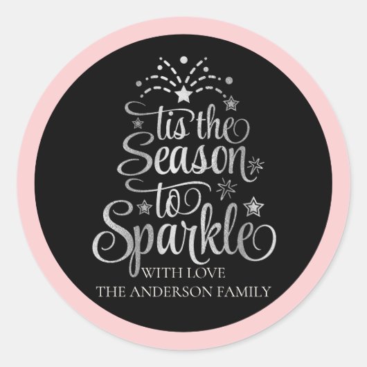 ピンクの黒い家族の名前シーズンスパークルクリスマス ラウンドシール (正面)