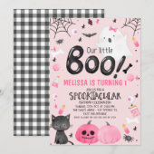 ピンクの黒い少女 私たちの小さなブー ハロウィン 誕生日 招待状 (正面/裏面)
