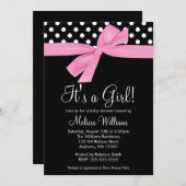ピンクの黒い弓水玉模様のベビーシャワー招待状 招待状 (正面/裏面)