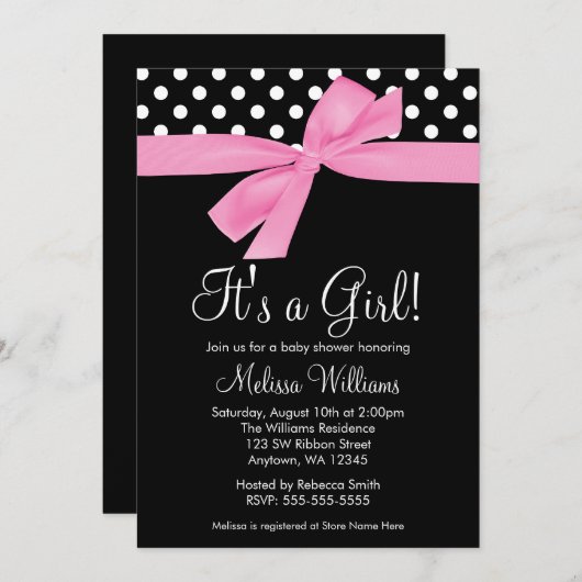 ピンクの黒い弓水玉模様のベビーシャワー招待状 招待状 (正面/裏面)