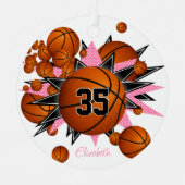 ピンクの黒い星の女の子を記念するバスケット メタルオーナメント (正面)