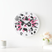 ピンクの黒い星を持つ女の子スポーツサッカーボール ラージ壁時計 (ホーム)