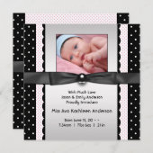 ピンクの黒い水玉模様の女の子の写真の誕生のお知らせ 案内状 (正面/裏面)