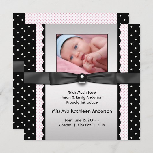 ピンクの黒い水玉模様の女の子の写真の誕生のお知らせ 案内状 (正面/裏面)