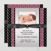 ピンクの黒い水玉模様の女の子の写真の誕生のお知らせ 案内状 (正面/裏面)
