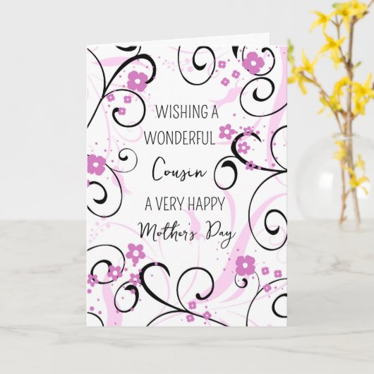 ピンクの黒い渦巻き旋回いとこの幸せな母の日 カード (黄色い花)
