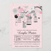 ピンクの黒い灰色の鳥のケージ&ジャースガールベビーシャワー 招待状 (正面/裏面)