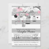 ピンクの黒い灰色の鳥籠及び瓶の女の子のベビーシャワー 招待状 (正面)
