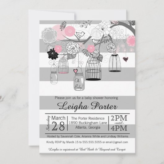 ピンクの黒い灰色の鳥籠及び瓶の女の子のベビーシャワー 招待状 (正面)