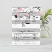 ピンクの黒い灰色の鳥籠及び瓶の女の子のベビーシャワー 招待状 (スタンド正面)