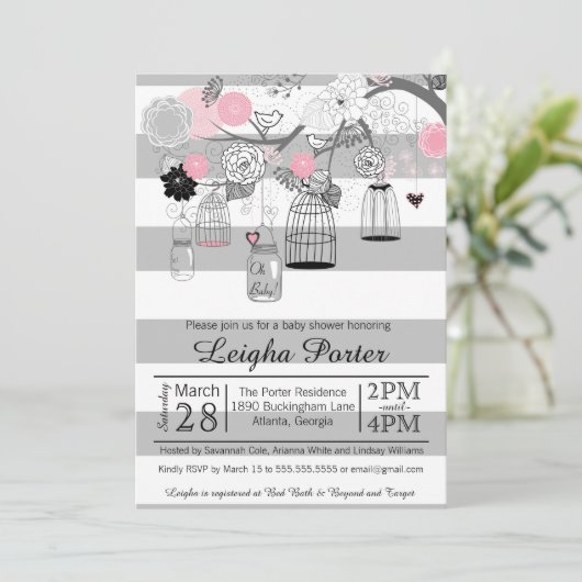 ピンクの黒い灰色の鳥籠及び瓶の女の子のベビーシャワー 招待状 (スタンド正面)