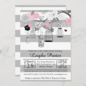 ピンクの黒い灰色の鳥籠及び瓶の女の子のベビーシャワー 招待状 (正面/裏面)